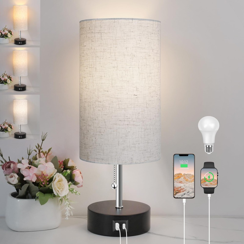 3-Color Temperature Bedside Lamp Nightstand Lamp with USB A Port and C Port, ...