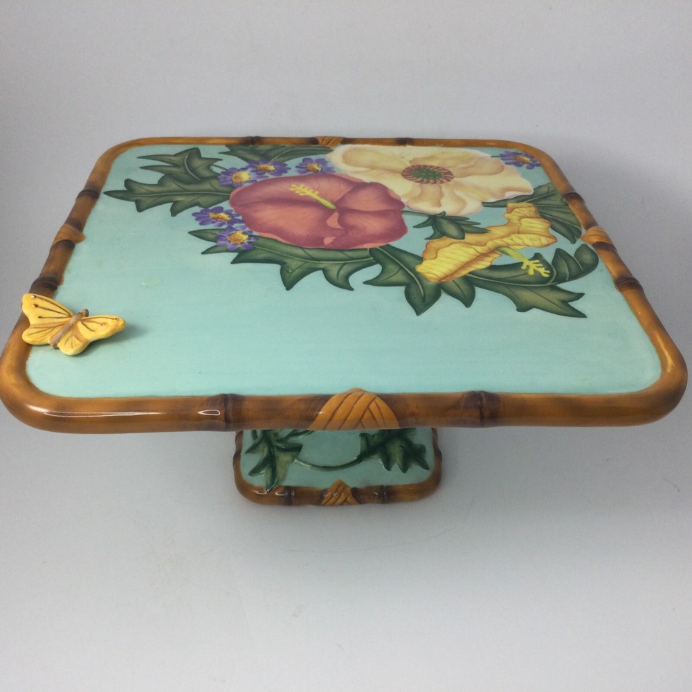 Silverstri Decoupage Square Heavy Ceramic Cake Stand Footed Flowers Butterfly