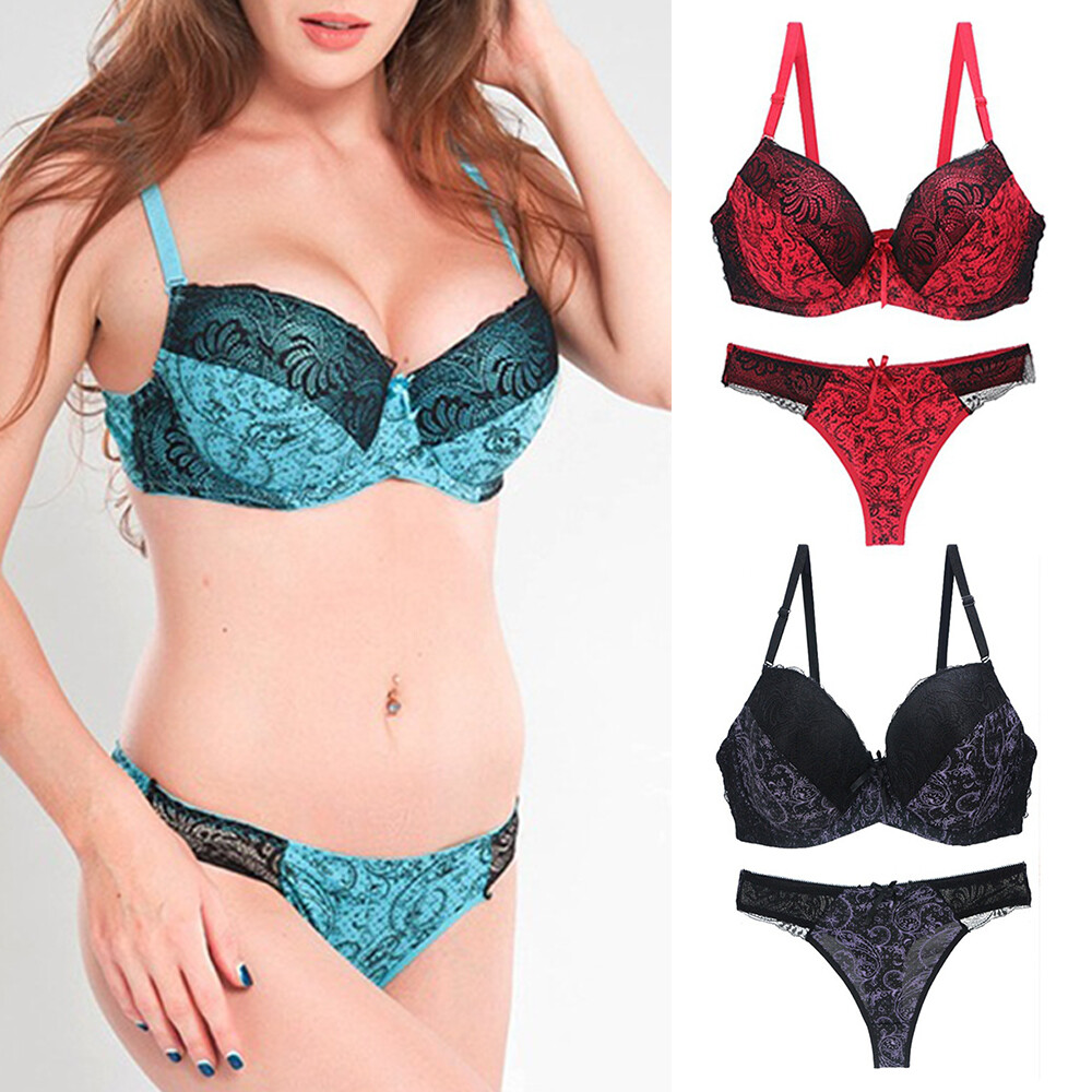 2Pcs/Set Brassiere Panty Floral Padded Bra G-String Set Push Up Fashion Seamless