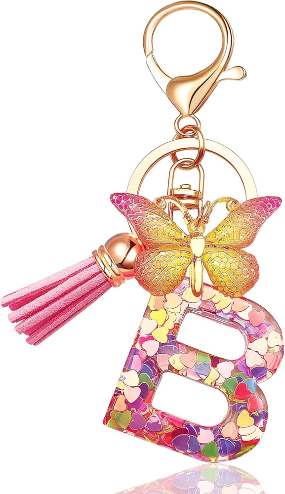 Initial Letter Keychains for Women Tassel Butterfly Pink Purple Cute Car Keychai