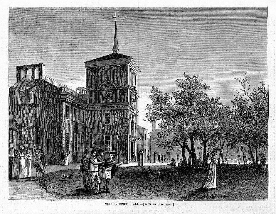 INDEPENDENCE HALL, 1876 ANTIQUE ENGRAVING, ARCHITECTURE