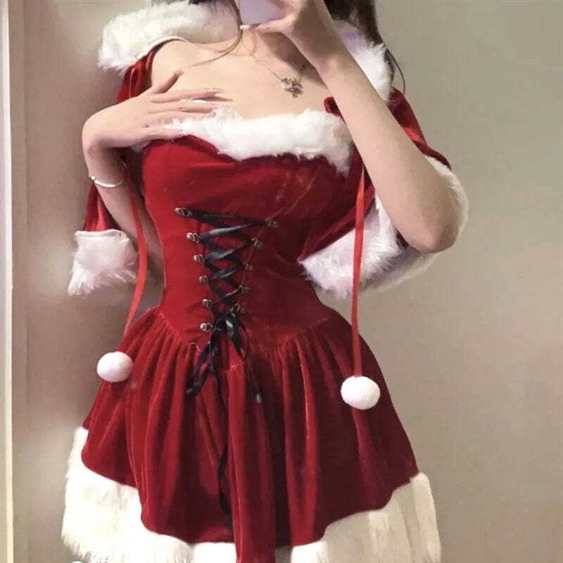 2024 Christmas Xmas Lady Santa Claus Cosplay Costume Winter Bunny Girl Cape