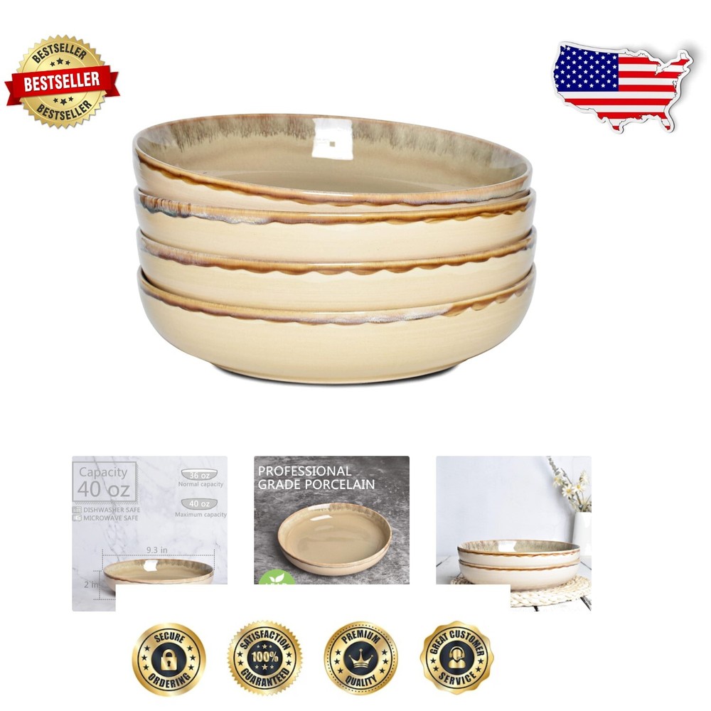 Elegant 40 Oz Stoneware Pasta and Salad Bowls Set - Dishwasher Safe, Brown Grey
