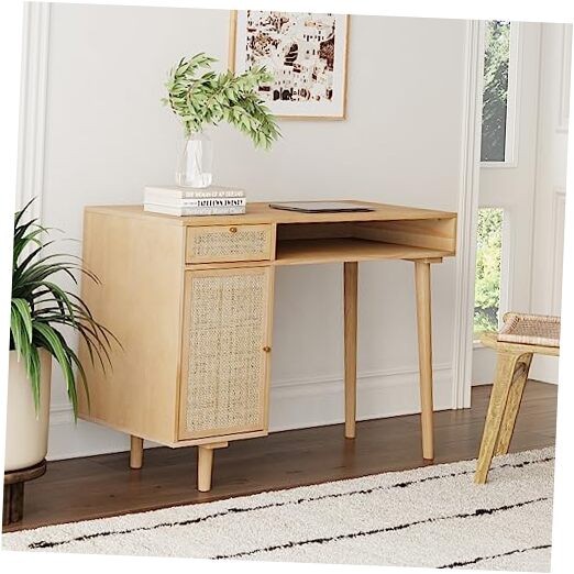 Aaron Modern Desk with Natural Rattan Tabletop and Storage in Brown-image