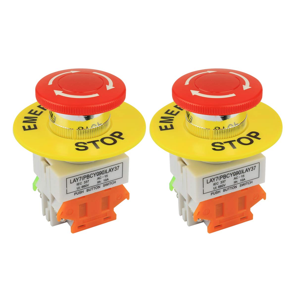 2PCS Red Mushroom Cap 1NO 1NC DPST Emergency Stop Push Button Switch AC 660V 10A