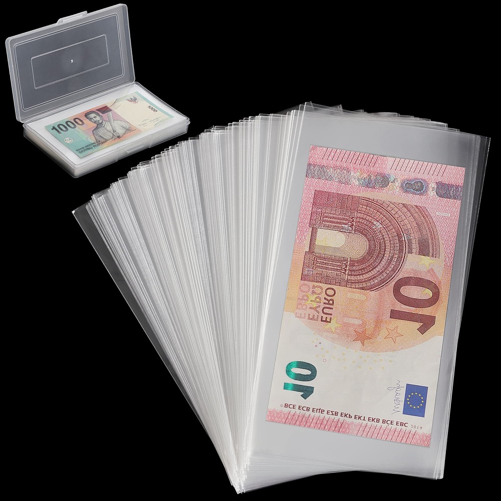 100 Pieces Dollar Bill Holder with Storage Box, Clear Paper Money Sleeves Cur...