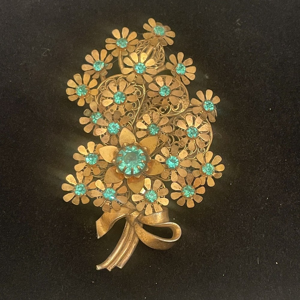 Vintage Metal Brooch Floral Bouquet Aqua Rhinestones LARGE PIECE