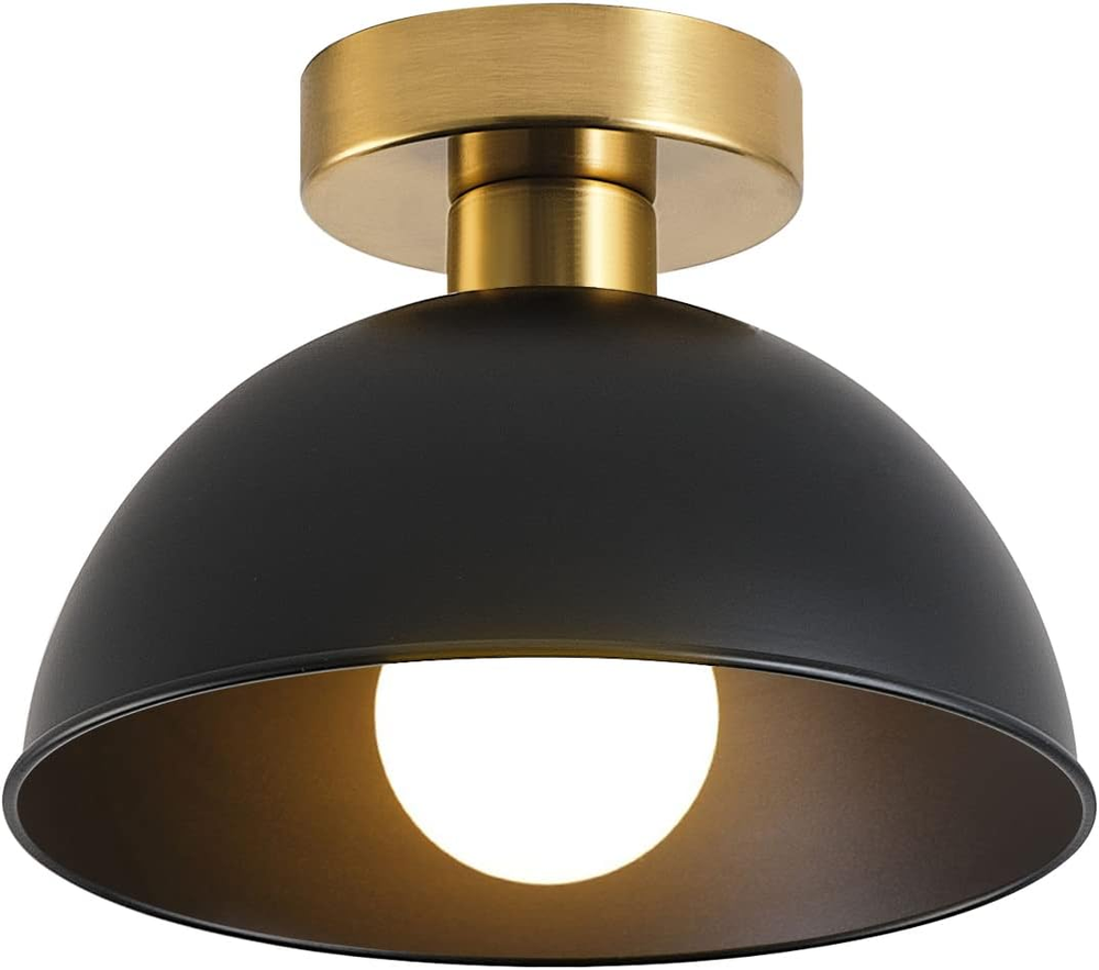 Industrial Semi Flush Mount Ceiling Light with Gold Plate and Matte Black Shade,