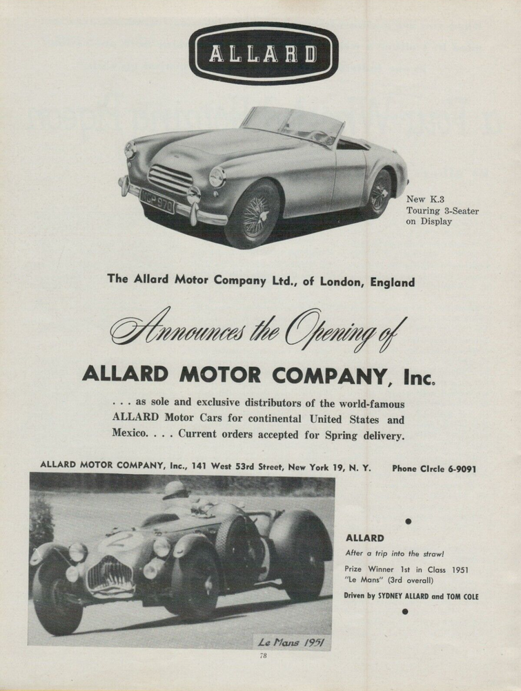 1953 Allard Motors K.3 Touring 3-Seater 1st in Class Le Mans VINTAGE PRINT AD