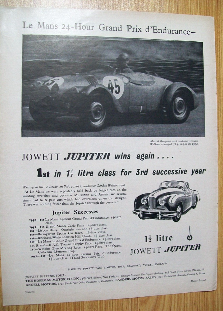 1952 52 Jowett Jupiter magazine car ad -Le Mans car & roadster