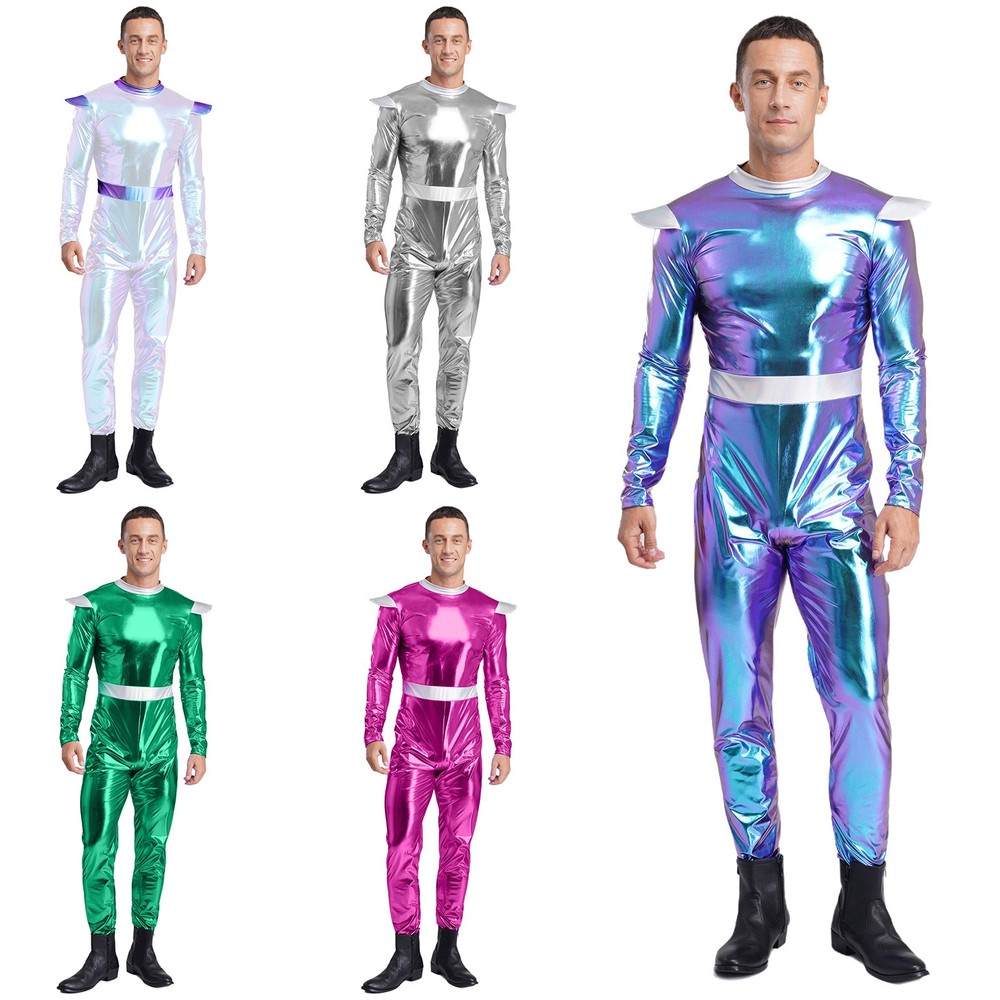 US Men's Space Alien Costume Shiny Metallic Robot Costumes Party Rave Outfits