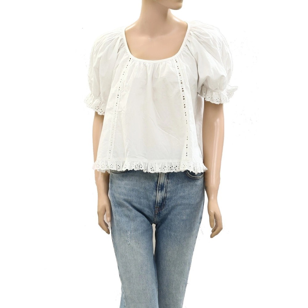 Sandy Liang Eyelet Embroidered Blouse Top Lace Solid White Cotton L NWT 284797