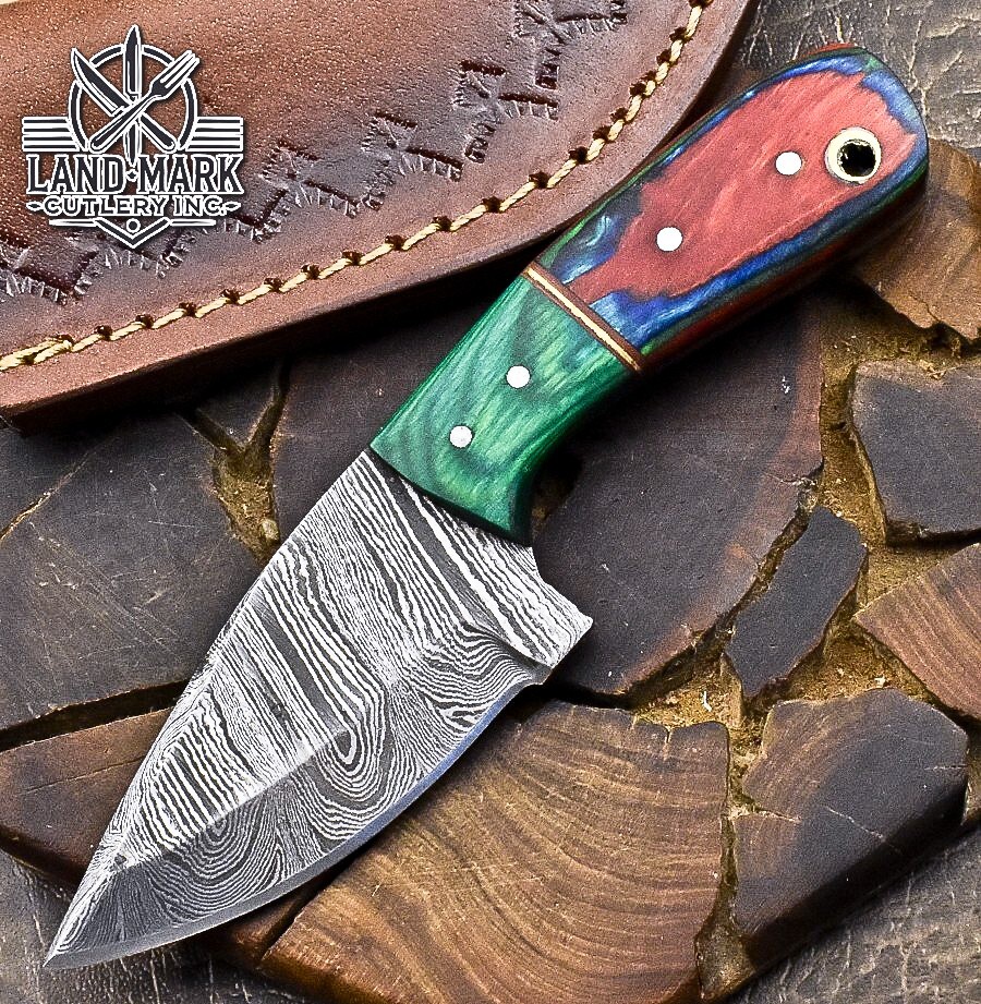 Stunning Damascus Steel Hunting Skinner Knife with Colorful Pakka Wood Handle