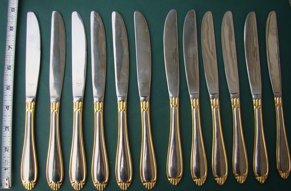 ABIGAIL Gold Accent 12 Dinner Knives  Hampton Silversmiths 8 7/8