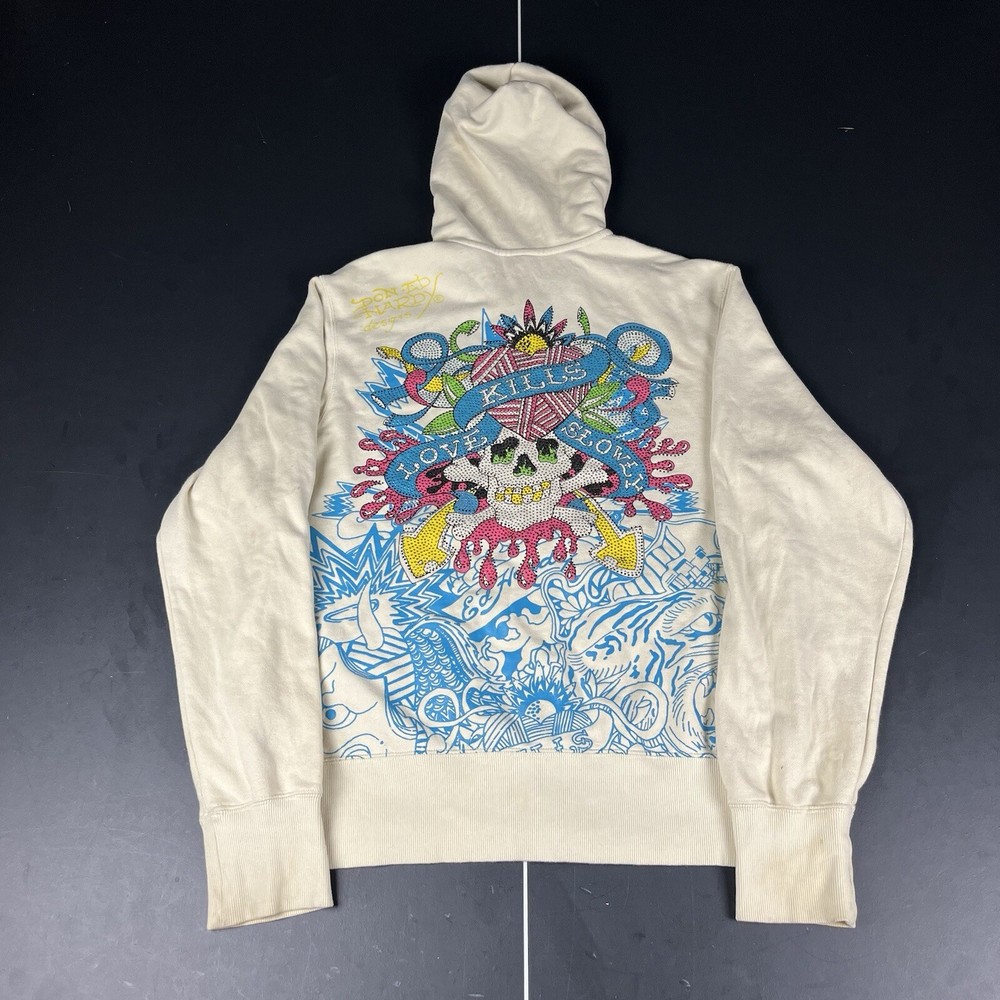 Vintage Ed Hardy Christian Audigier Hoodie L 'Love Kills Slowly' Y2k Rhinestones
