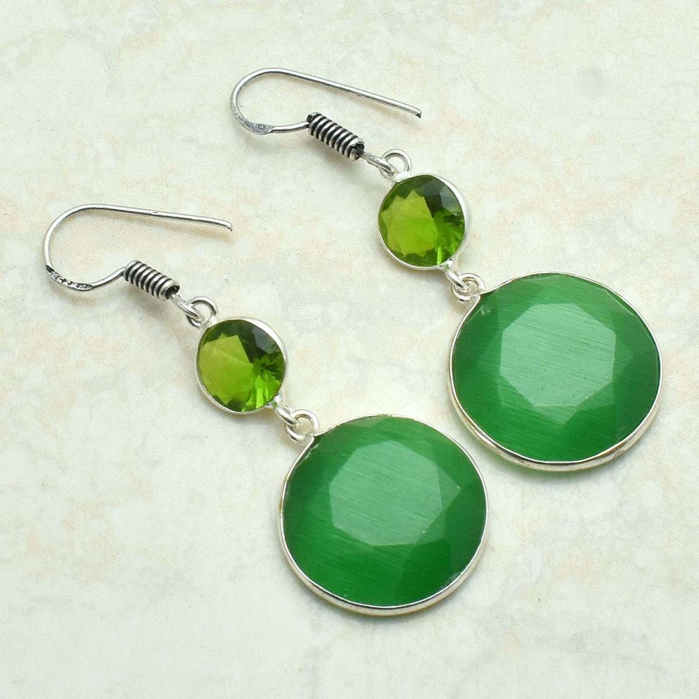 Cat Eye Peridot Gemstone Handmade Drop Dangle Earrings Jewelry 2.08