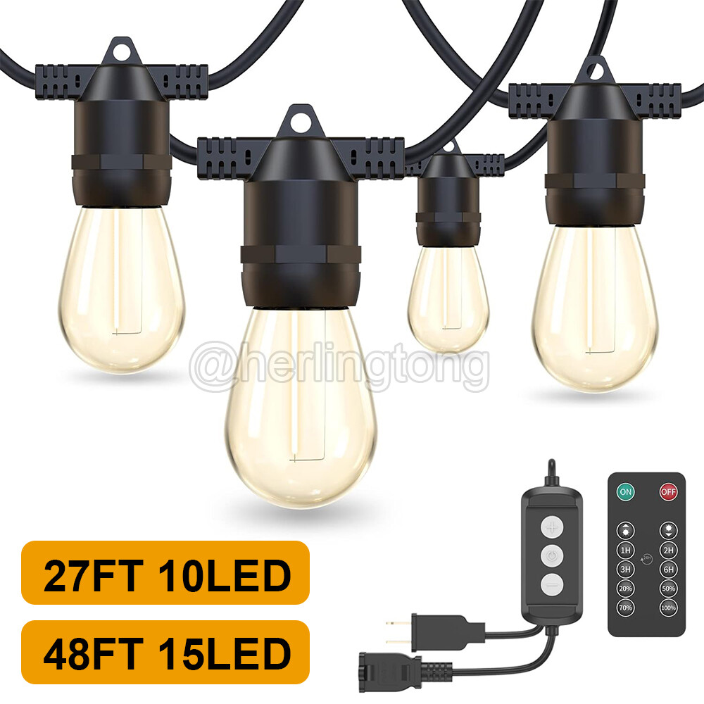 48FT Outdoor String Lights Patio Lights 15 LED S14 Bulb IP65 Waterproof w/Remote