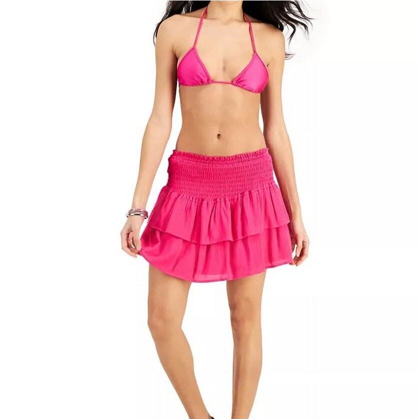 Miken Women Hot Pink Rayon Smocked Ruffled Mini Skirt Tiered Cover-Up Size L