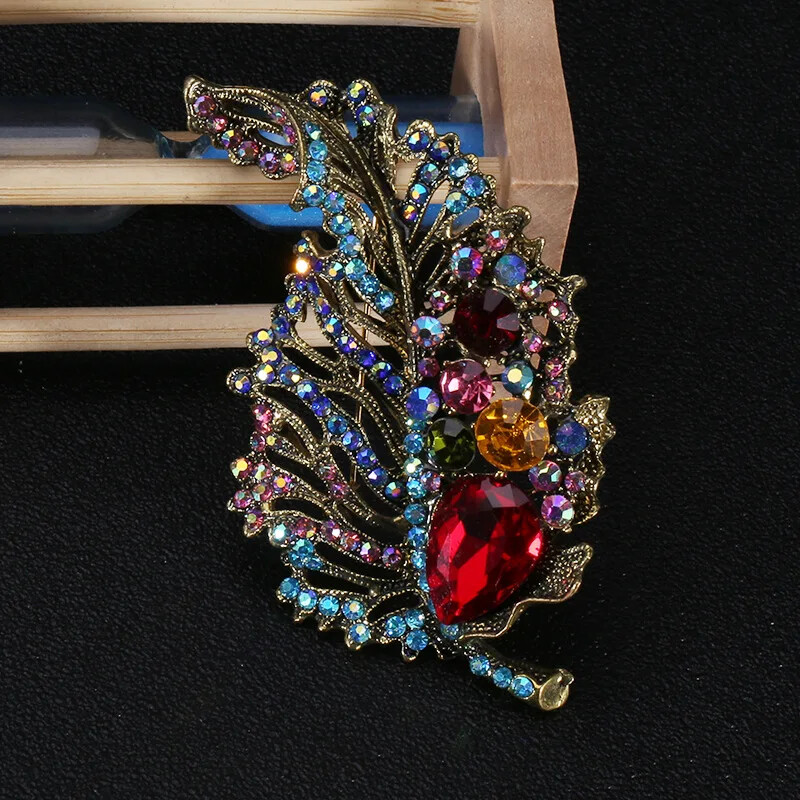 Vintage Crystal Leaf Brooch for Women Wedding Party Floral Pin