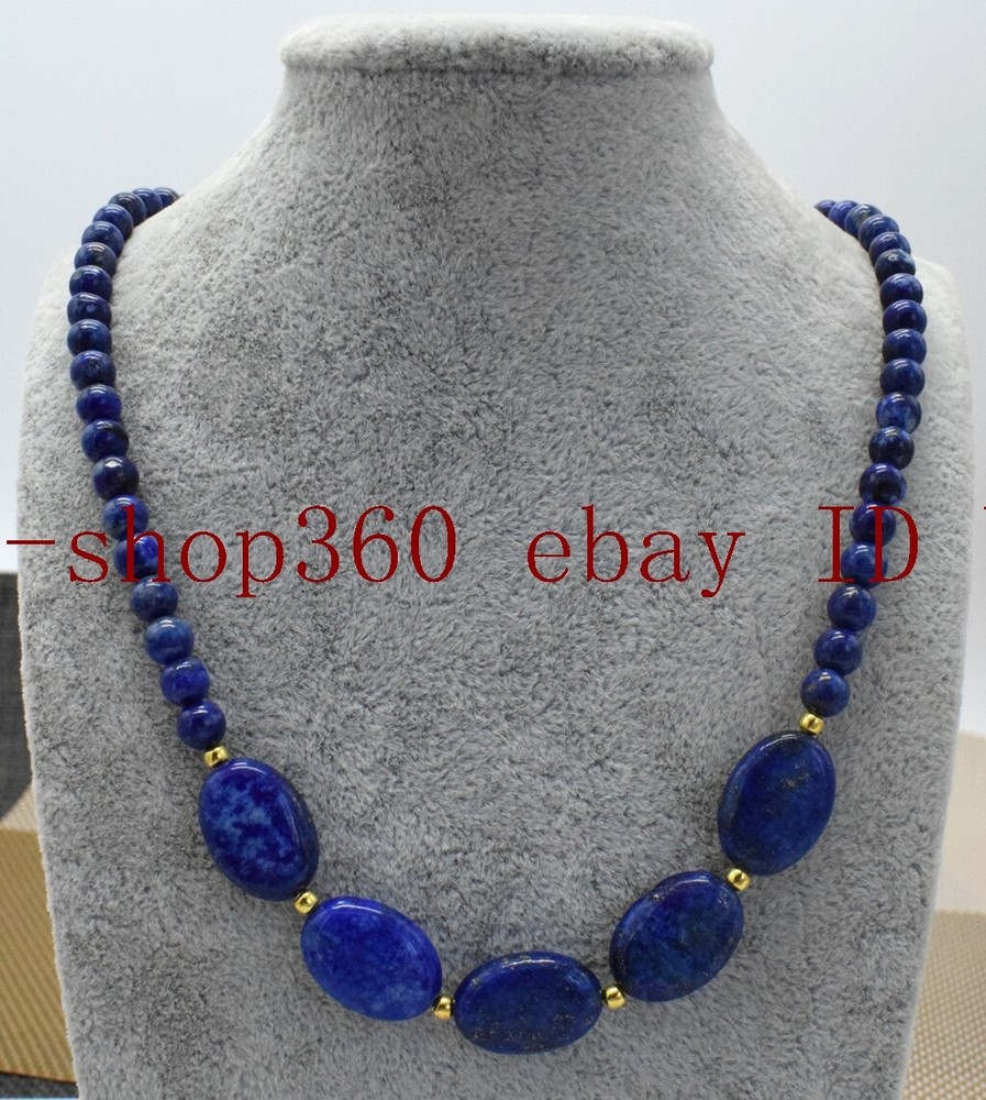 6mm Round & 13x18mm Oval Lapis Lazuli Beaded Necklace 18 Inch-image