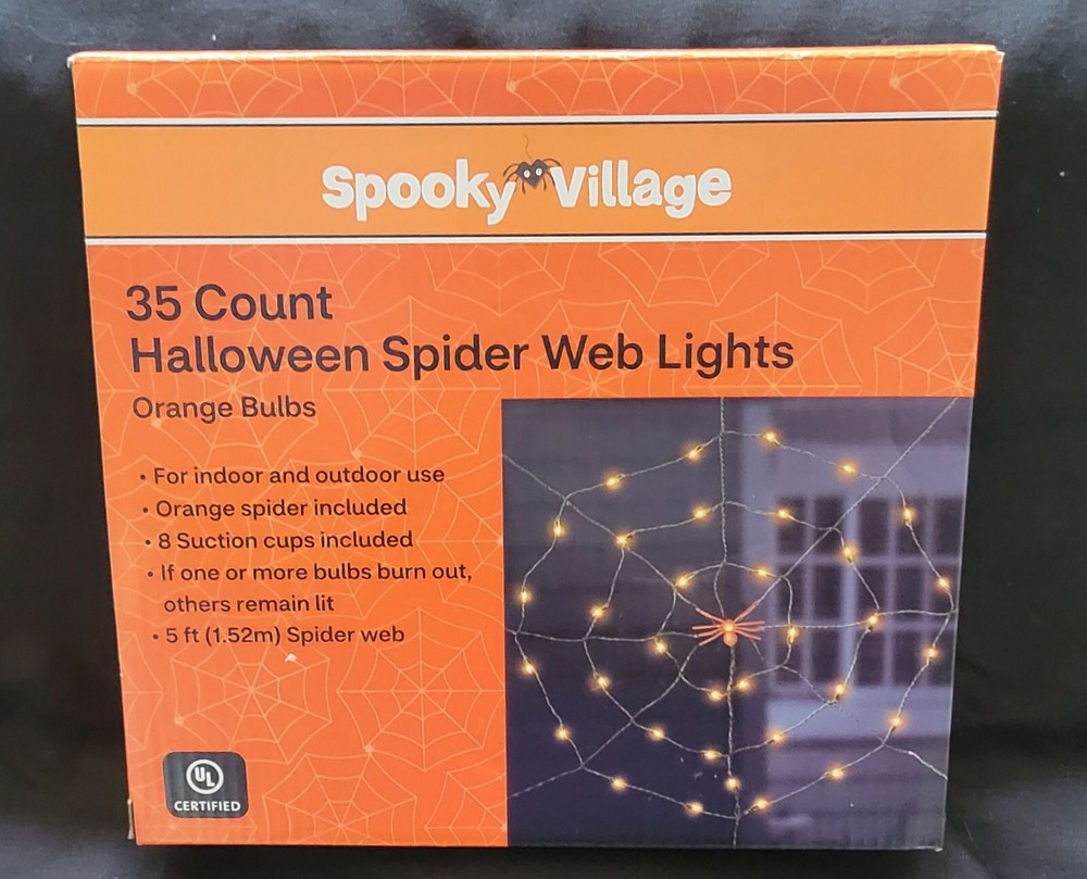3 packs!! Spooky Village Halloween Spider Web Orange Lights Indoor Outdoor 5 Ft