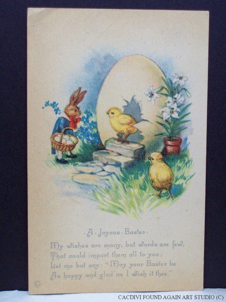 Dressed Easter Bunny Postcard Rabbit Visits Chicks Giant Eggshell House Flowers