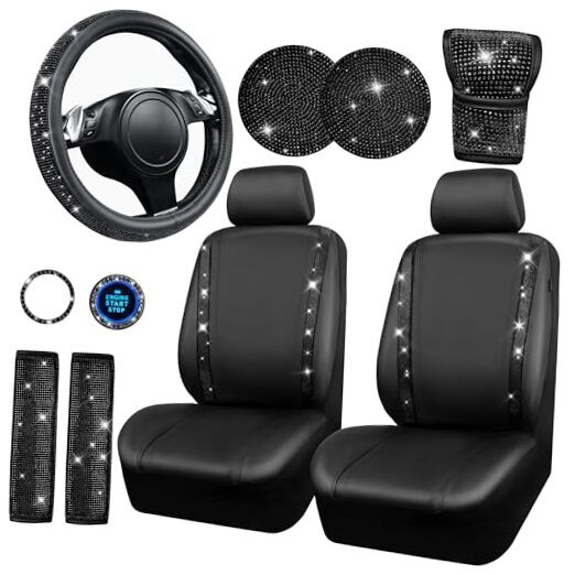 Leather Diamond Bling Seat Covers Sets 11 pcs, Bling Car Accessories Set for