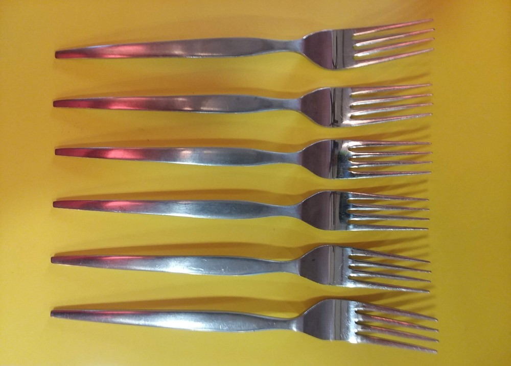 6 Vintage Epic Prince Dinner Fork Lot Custom Stainless Japan MCM Mid Century Set