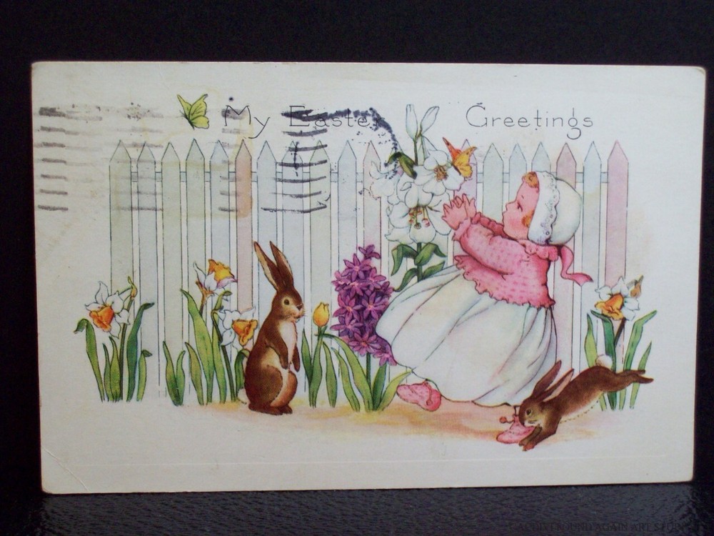 Easter Greeting Postcard Girl Spring Flower Garden Bunny Rabbits Lily Daffodils