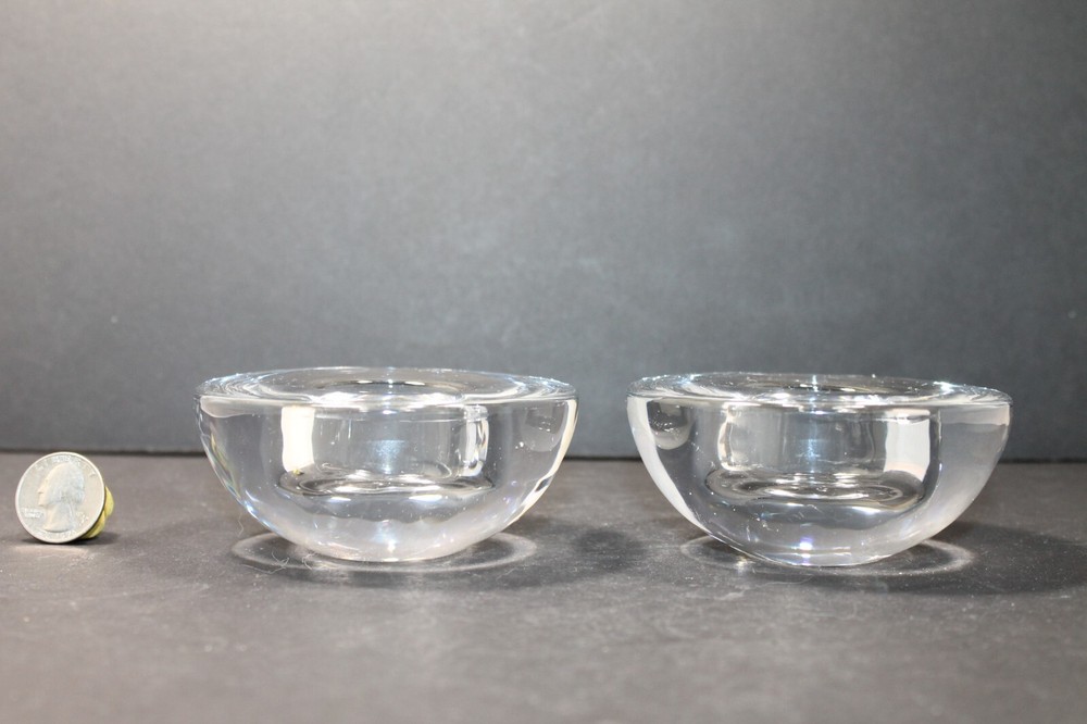Vintage Minimalist Block Crystal Clear Glass 4 in Round Candle Holder Set of 2