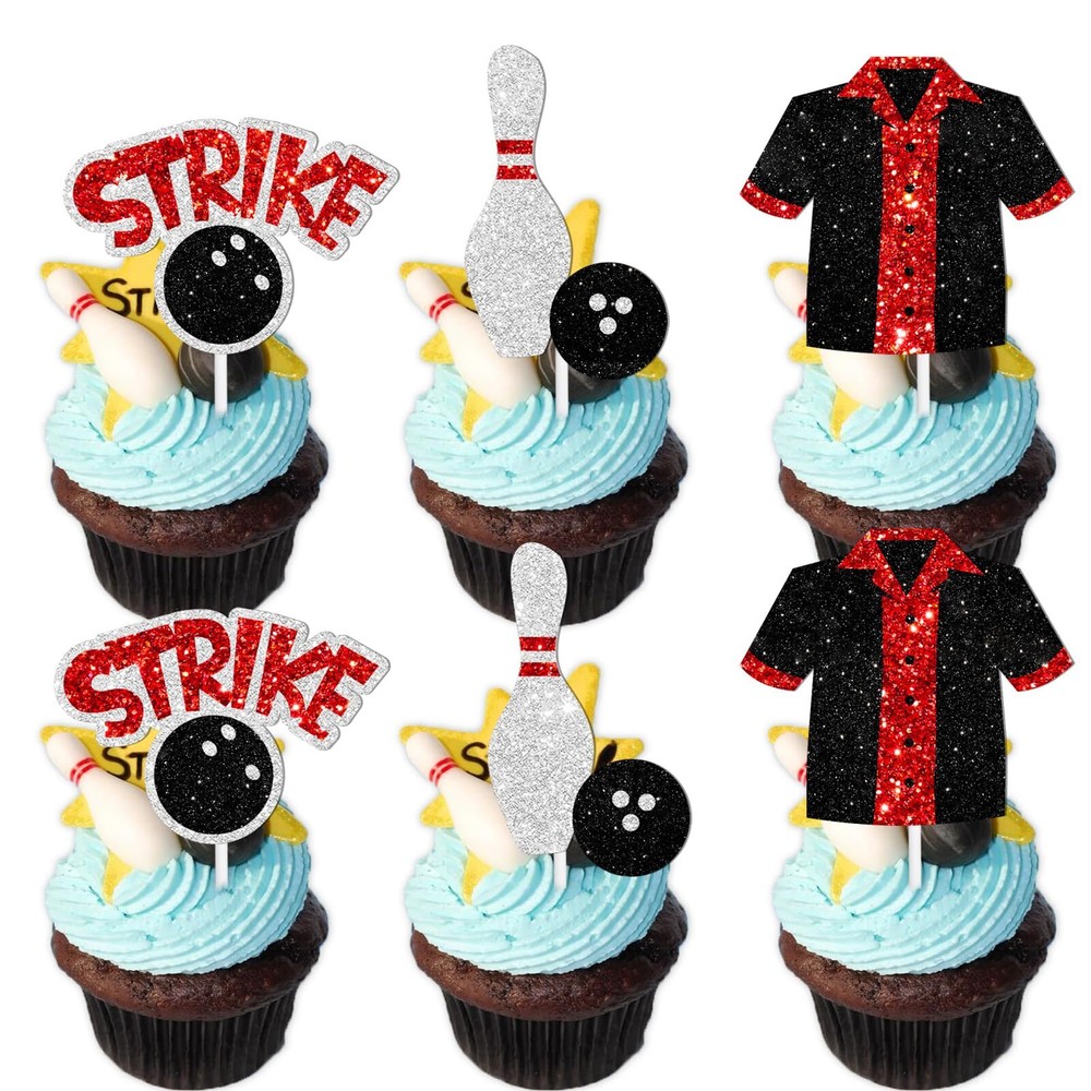 18pcs Black Glitter Bowling Dessert Cupcake Topper Bowling Strike Entertainme...