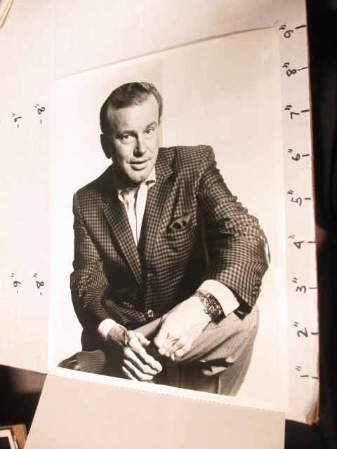 1960s NBC Tonight Show promo photo of Jack Paar cross-legged with peacock