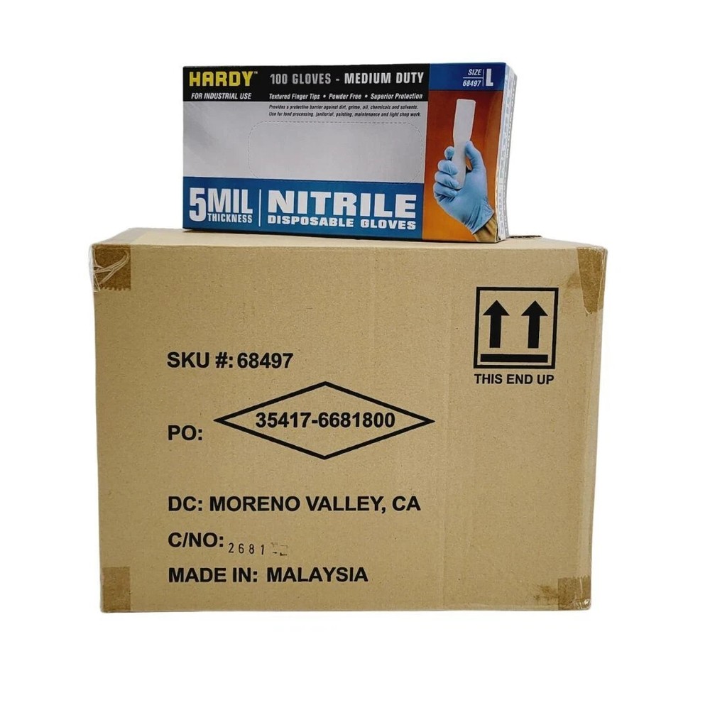Hardy 68497 5MIL Nitrile Gloves Medium Duty Case of 10 Boxes Large Size