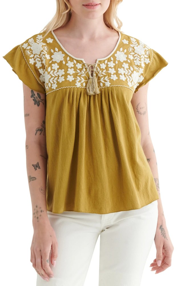 Lucky Brand NWT Embroidered Boho Blouse Shirt Top Brown Green Size XXL MSRP $70