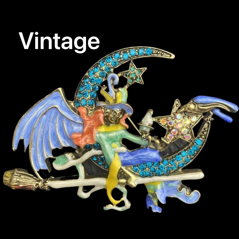 Baroque Vintage Enamel Blue Fairy on Moon Witch Women Brooch Pins  Accessory