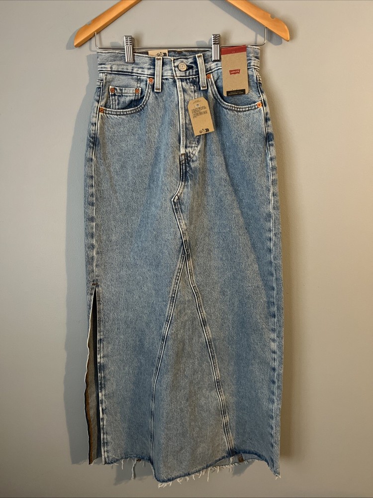 Levi’s Distressed Maxi Denim Skirt Size 24 NWT Side Slit MSRP $70