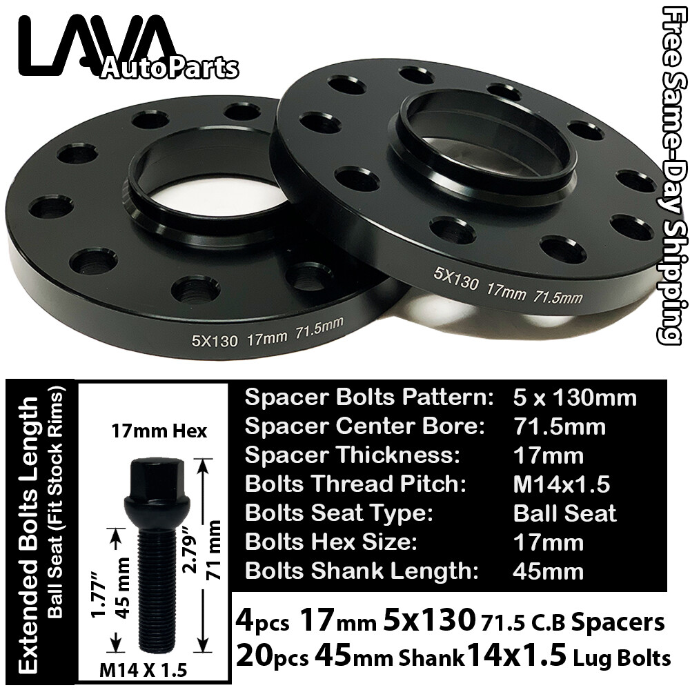4PC 17MM 5x130 71.5CB Wheel Spacers with 14x1.5 Lug Bolts for Audi VW Porsche