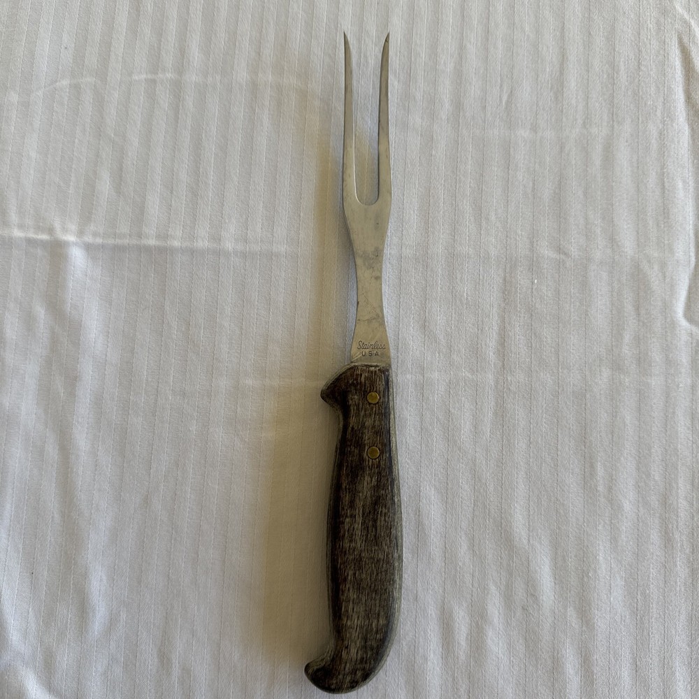 Vtg USA Stainless Steel Meat Carving Fork 2 Prong Wood Handle 9.25”