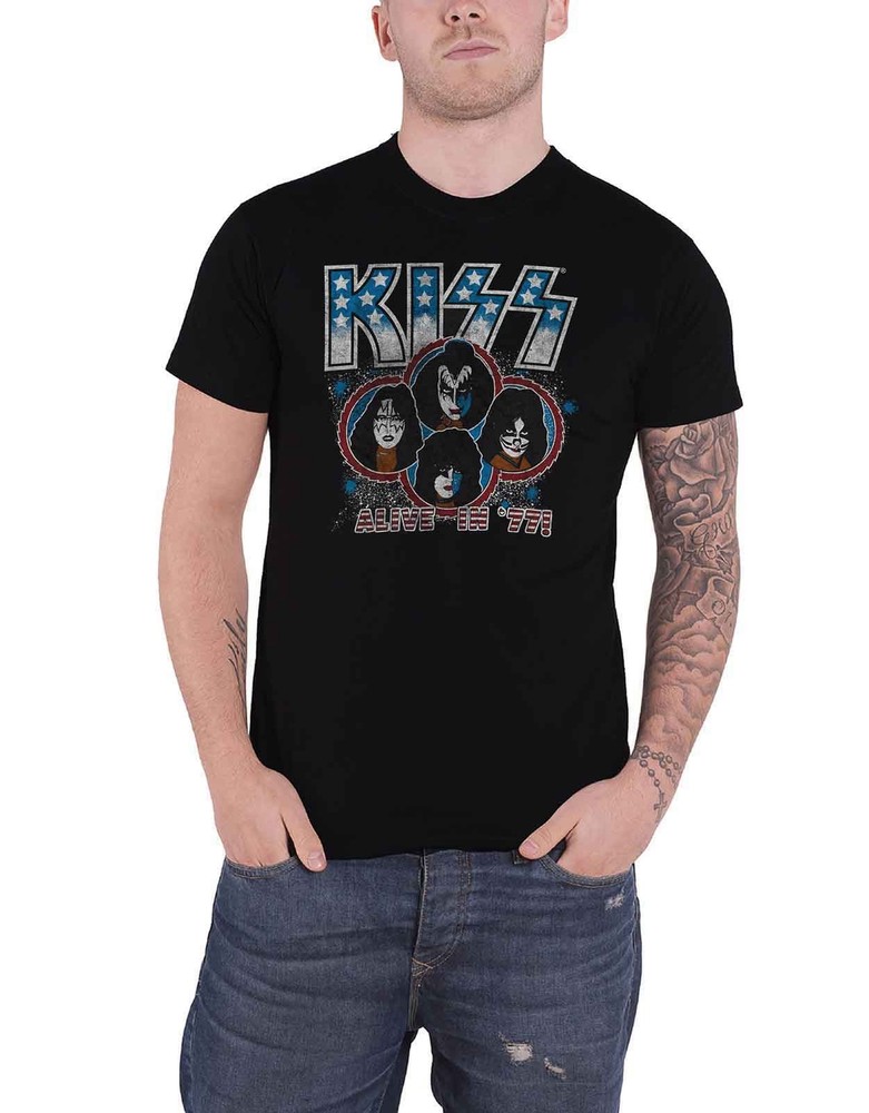 Kiss Alive In 77 Band Logo Official Men’s Black T-Shirt