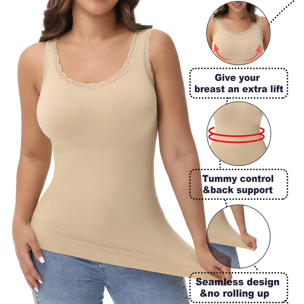 Women's Lace Trim Compression Vest Tank for Tummy Control & Shaping