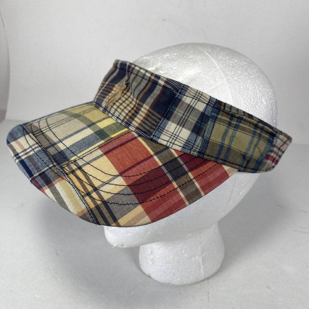 Polo Ralph Lauren Visor Sun Hat Cap Strap Back Patchwork Madras Plaid Pony Golf