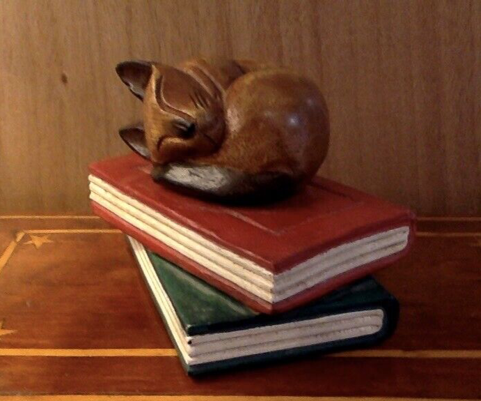 Wooden Kitty Cat Sleeping On Books Figurine Sculpture Hand Carved