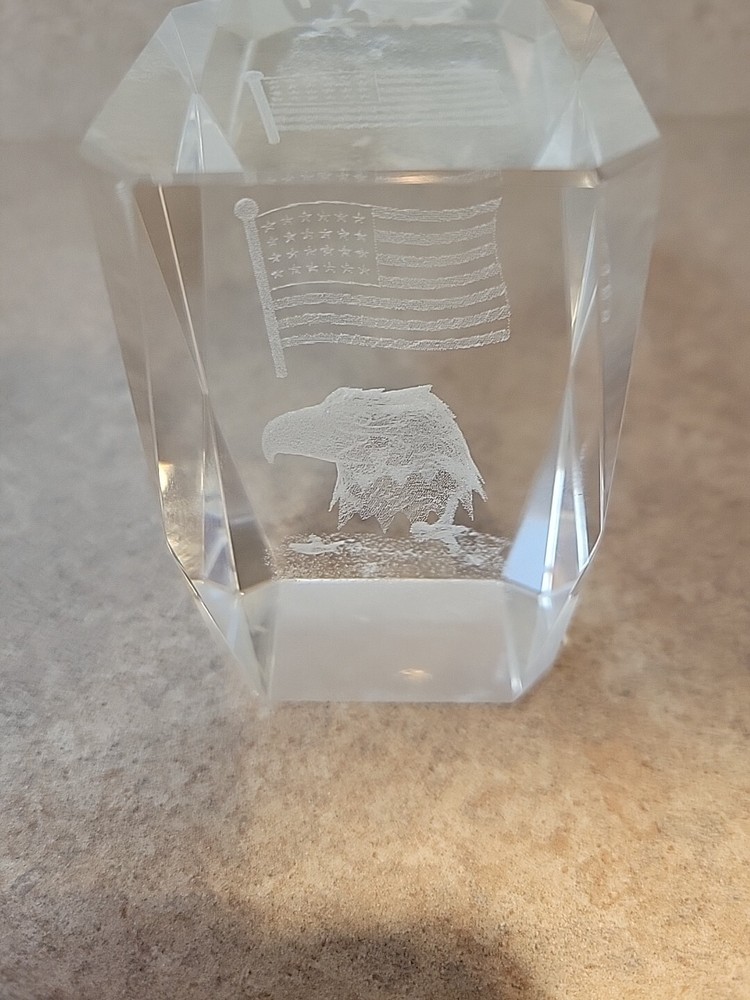 Glass Paperweight 3D Laser Etched Eagle American Flag Patriotic