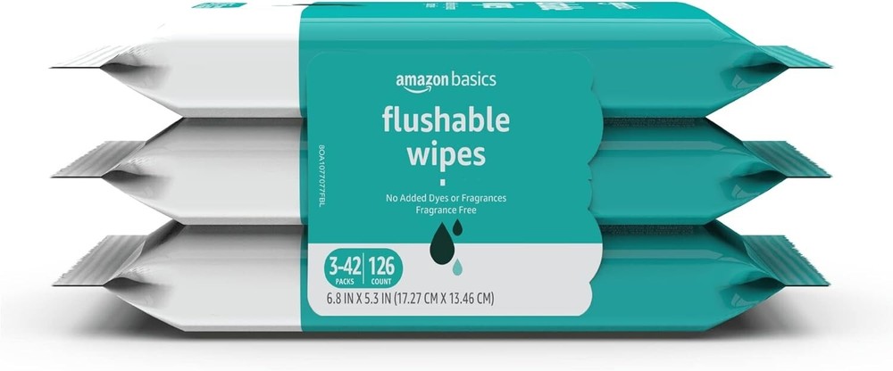 Flushable Adult Toilet Wipes, Fragrance Free, 126 Count (3 Packs of 42) Packagin