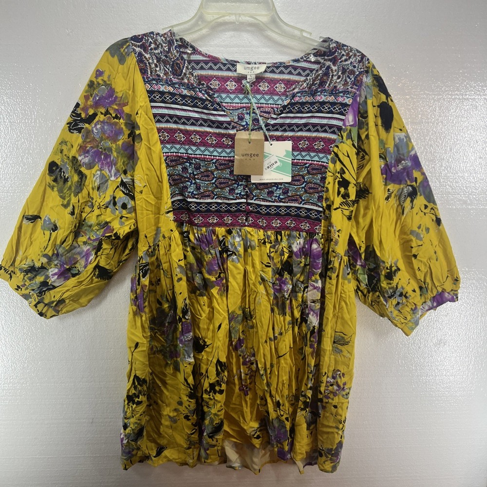 NWT UMGEE Women's Casual Yellow Blouse Floral Paisley Size L Boho 3/4 Sleeve