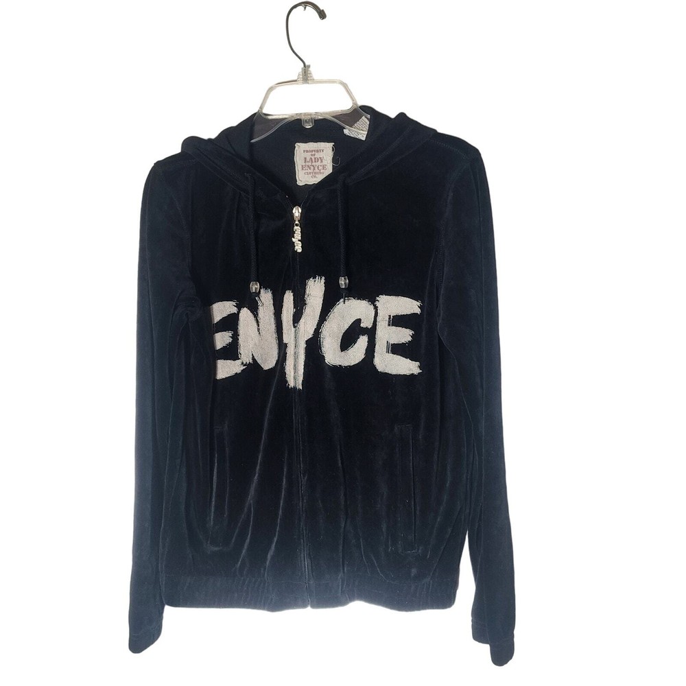 Y2K Sz M Lady Enyce Black Silver Velous Zip Front Hoodie Jacket Streetwear