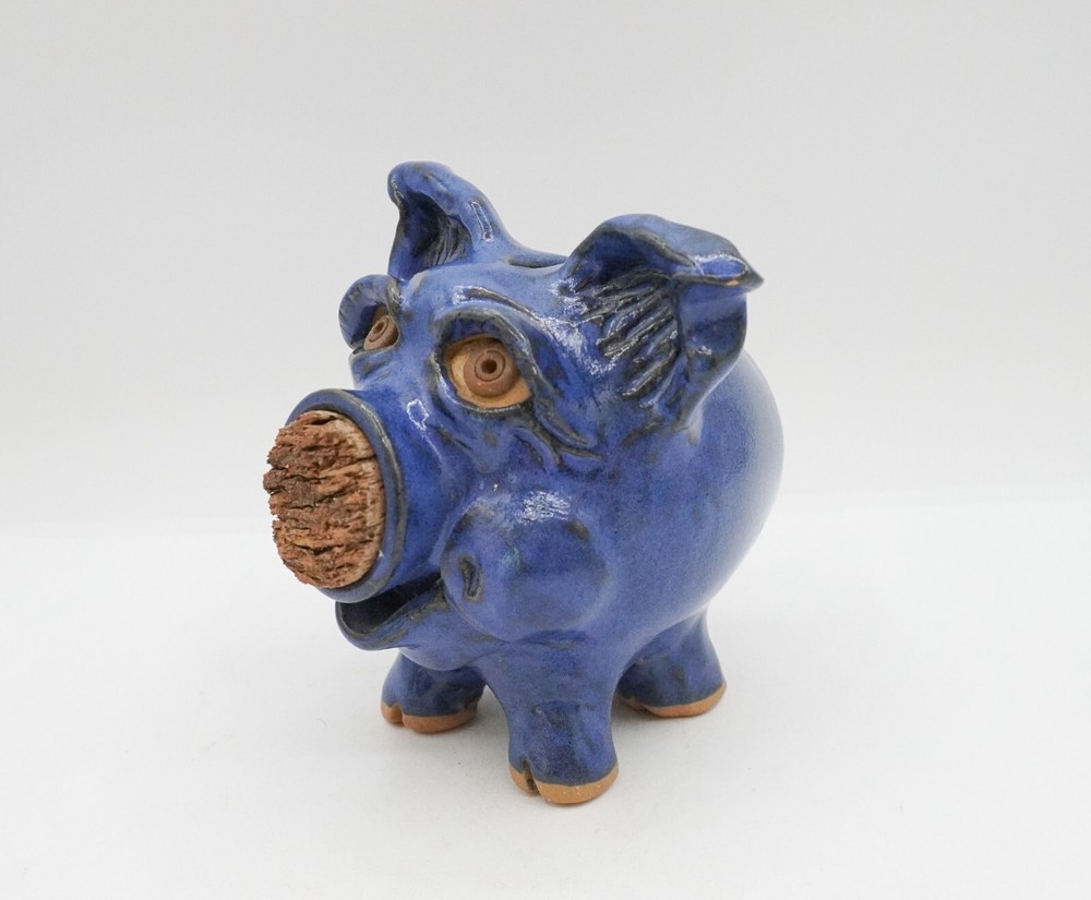 North Cole Pottery Sandy Cole Sanford, NC Ceramic Blue Piggy Bank Folk Art