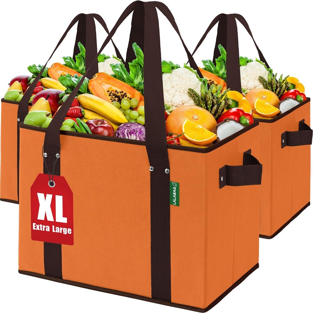 Reusable Grocery Bag (Pack of 3) - Heavy Duty Box with High Load Carrier, Fol...