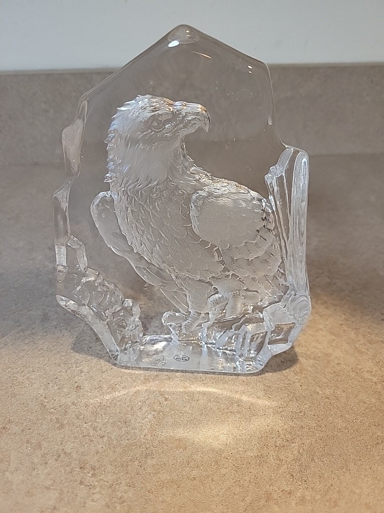 Vintage Clear Bald Eagle Etched Glass Paperweight 6.5x5 Inches