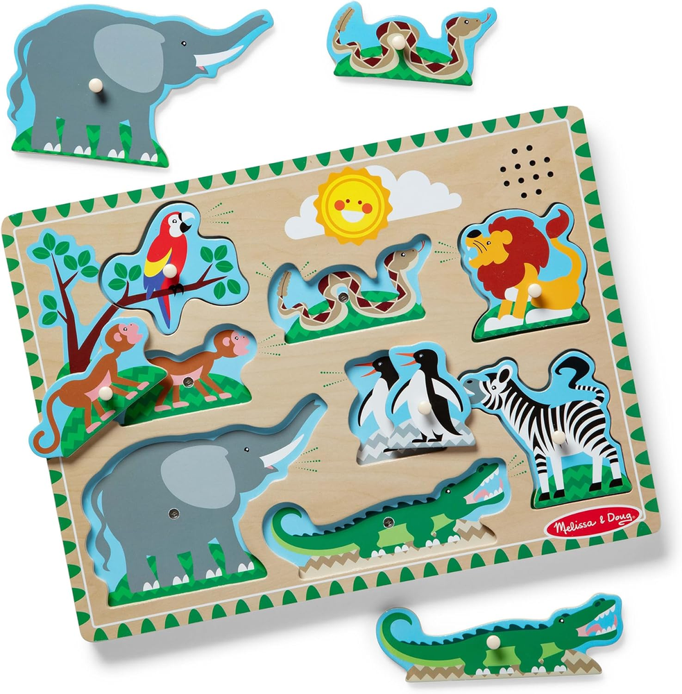 Zoo Animals Sound Puzzle - Wooden Peg Puzzle with Sound Effects (8 Pcs)
